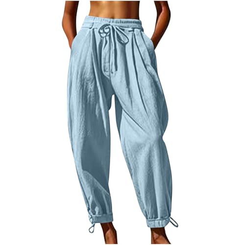 Womens Cinch Bottom Cotton Linen Pants Summer Casual Solid High Waist Drawstring Trousers Baggy Trouser with Pockets