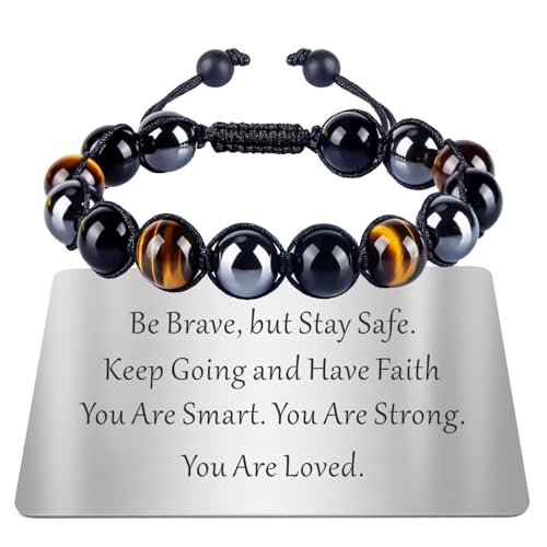 TAGOMEI Mens Bracelet Gifts for Men Him Boyfriend Son Bracelet Triple Protection Tiger Eye Black Obsidian Beaded Bracelets with Engraved Wallet Card Inspirational Birthday Christmas Gifts for Men