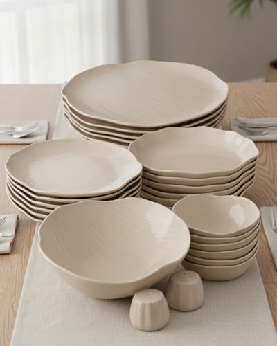 BAVARY Cermico Servizio Piatti 27 Pezzi Beige – Servizio Tavola in Ceramica per 6 Persone con Bordo Ondulato, Set Piatti Moderno con Insalatiera e Sale e Pepe, Adatto a Microonde e Lavastoviglie