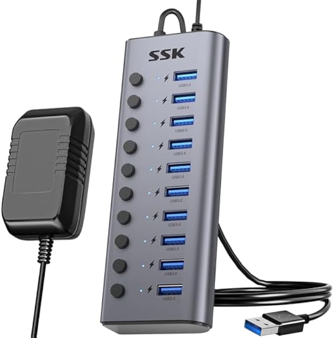 SSK 10 Port Powered USB 3.0 Hub, 60W Aluminium USB Charging Hub with DC 12V5A Power Adapter, Supports Simultaneous Fast Charge and 5Gbps Data Transmission,USB Extender Hub with 3.96ft/1.2m Long Cable