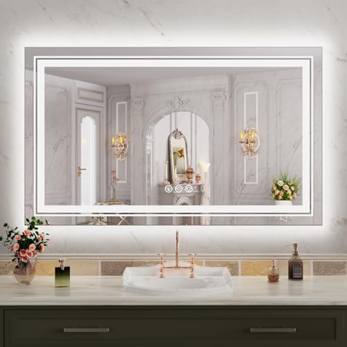 Image of WTTY RGB LED Bathroom Mirror 40 inchx24 inch with Backlit and 3 Front Light,Stepless Dimmable LED Mirror for Bathroom,Lighted Bathroom Vanity Mirror for Wall,Anti-Fog,Memory Function,Shatter-Proof