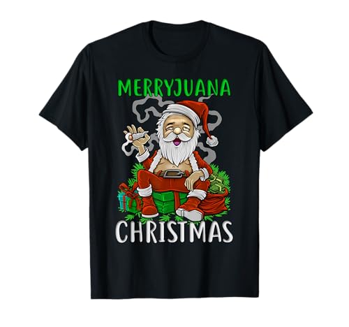 T-shirt natalizia con Babbo Natale che fuma erba marryjuana 420 Maglietta