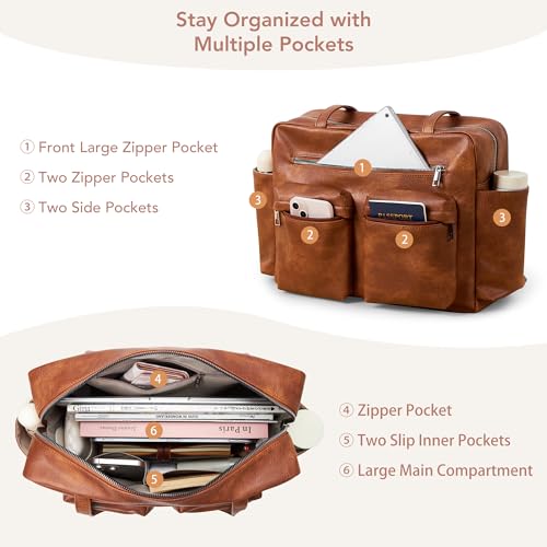 Image of KALIDI Tote Bag Vegan Leather Women Pocket Utility Bag Faux Leather Shoulder Travel Purse Vintage Handbag for Work