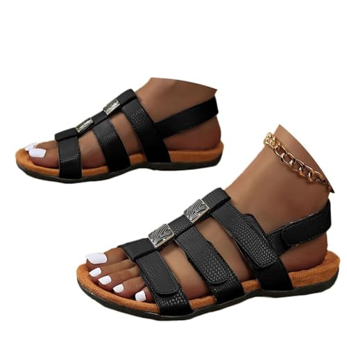 Sandalen Damen Sommer Breite Füße: Bequem Sommerschuhe Elegant mit Klettverschluss Leichte Flach Sandaletten Offene Zehen Römersandalen Rutschfest Damenschuhe Vintage Sandalen & Slides für Damen