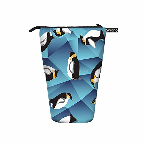 Image of Swono Penguin Pencil Holder Abstract Blue Crystal Ice Stand Up Pencil Case Pencil Pouch Cosmetics Bag For Women Men