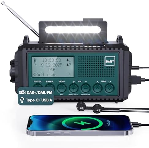 Kurbelradio DAB+/DAB/UKW mit 5000mAh Akku Wiederaufladbare, Notfallradio mit Taschenlampe & Leselicht, Tragbare Camping Radio mit USB Handyladefunktion FM Dynamo, SOS-Alarm für Wan