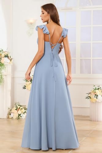 Chiffon V Neck Bridesmaid Dresses for Wedding Long Pleated Ruffles Formal Evening Gown with Slit3