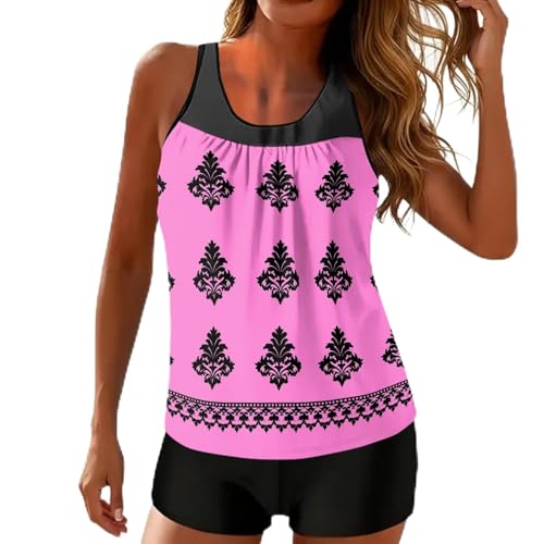 Bañador Natacion Mujer,Tankini De Dos Piezas Acolchado para Mujer,Baño De Verano Elegante De Cintura Alta,Baño Casual De Tallas Grandes,Ropa De Playa,Top Tankini Deportivo con(01##Heißpink,XXL)