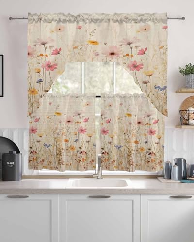 Kontanderi Watercolor Wildflowers Swag Kitchen Curtains Valance and Tier Set
