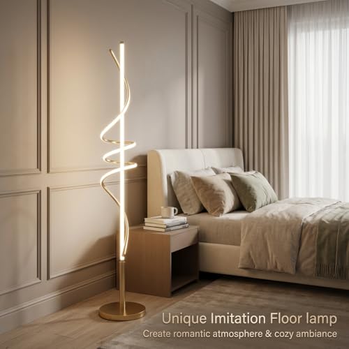 Image of LED Spiral Floor Lamp | 3-Color CCT (Warm + Natural + Cold White) | Gold Aluminium Standing Lamp for Living Room, Bedroom & Home Decor