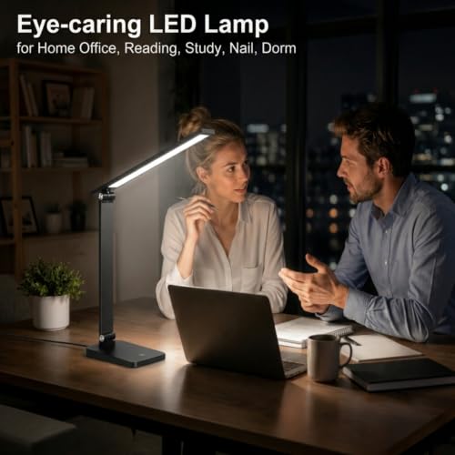 Image of LED Desk Lamp for Home Office, 3 Levels Dimmable Desk Light with USB Charging Port, Small Study Lamp, Reading Light for Table, Black, 5000K