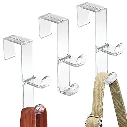 mDesign Over The Door Organizer Hooks for Coats, Hats, Robes, Towels - Set of 3, Double Hook, Clear