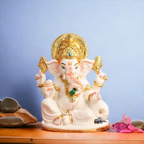 Image of Creating Ambiance Polyresin Marble Ganesh Idol, Vinayaka Statue | Auspicious Ganpati Murti for Living Room & Home Decor - Ganesh Idol for Diwali - Gold & White (7 Inches)
