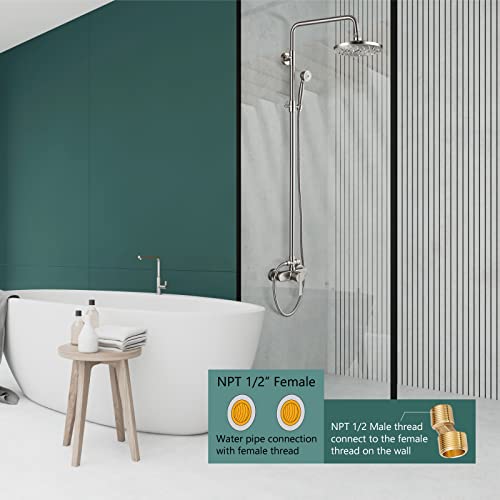 Exposed Pipe Shower System Brushed Nickel 8 Inch Rainfall Showerhead Shower Faucet Fixture Combo Set Brass Single Handle With Hand Sprayer Adjustable Slide Bar Dual Functions #TOP4