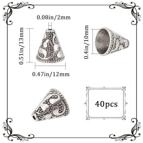 SUNNYCLUE 1 Box 40Pcs Silver Bead Cones End Cap Beads Retro Tibetan Style Alloy Vintage Cone Spacer Beads Metal Stopper Caps for Jewellery Making Bead Assortments DIY Tassels Earrings Crafts Handmade - Image 2