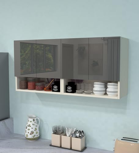 Image of SPECIALITY PANELS 4 Door Wall Cabinet with UV Profile Shutter | Wall Mounted Storage Cabinet for Kitchen Bathroom Living Room | Wooden Wall Cabinet Organizer Grey Finish DIY Assembly