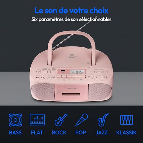 MEDION E65010 Radio stéréo (Lecteur CD, Cassette, Port USB, entrée Audio AUX, Lecture MP3. Radio FM PLL,40 mémoires de Stations, Fonctionnement sur Piles, télécommande) Rose