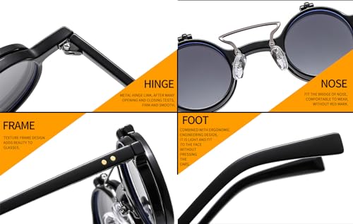 HYLLE Retro Flip-Up Round Goggles Seampunk Sunglasses for Men Women 90s Style3