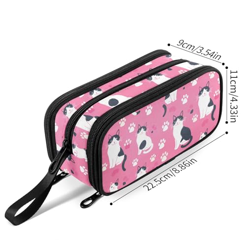 Image of Fustylead Cute Japanese Shorttail Cat and Paw Print on Pink Background Pencil Pen Case with 3 Compartments, Lightweight & Spacious Stationery Bag Cosmetics Bag