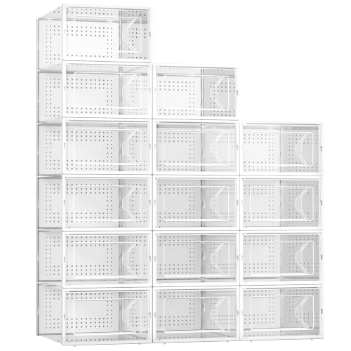 Kuject Large Shoe Storage Boxes Organizers for Closet 12 Pack, Fit Size 11,Clear Plastic Stackable Sneaker Containers for Entryway, Space Saving Shoe Rack Holder (White, 15 Packs)