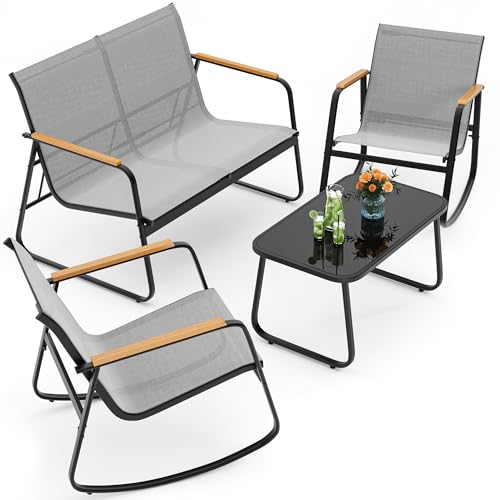 Ahomly 4-Piece Outdoor Patio Furniture Set, All Weather-Resistant Textile Fabric Outdoor Conversation Set with Coffee Table, Patio Rocking Chairs for Lawn, Balcony, Poolside (Grey)
