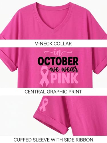 Eatbook Breast Cancer Shirts for Women Pink Ribbon Graphic V Neck Tee Tops — view 5