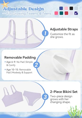 Image of Zando 2 Piece Ribbed Swimsuits for Teen Girls Kids Size 6-15 Years High Waisted Solid Cute Bikini for Summer Beach Wear