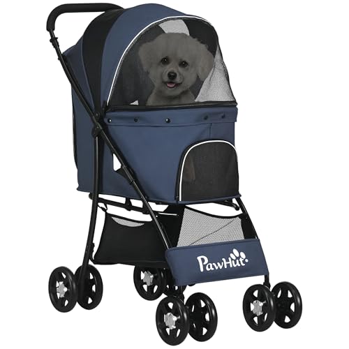 PawHut silla de paseo para perros, silla de paseo plegable para perros, carrito para perros con cojín, silla de paseo para gatos, carrito para gatos con 4 ruedas, ventana de malla, espacio de