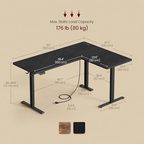 Image of VASAGLE L Shaped Electric Standing Desk, 63 x 47.2 Inches, Height Adjustable Corner Desk with Power Outlets, 2 Memory Buttons, Easy to Assemble, for Home Office, Black ULSD242B01