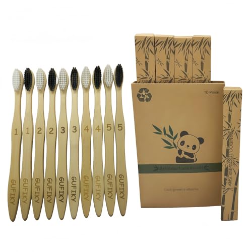 Gooficle Gufiky Bamboo Toothbrushes 10 Pack，BPA-Free Bristles，Eco-Friendly Biodegradable Natural Bamboo