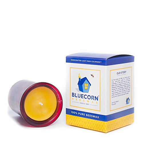 Bluecorn Beeswax 100% Raw Beeswax Candle in 50% Recycled Glass (2Â¾-Inch Dia. x 3Â¾-Inch Tall) 35 Hour Burn Time (1, Red)