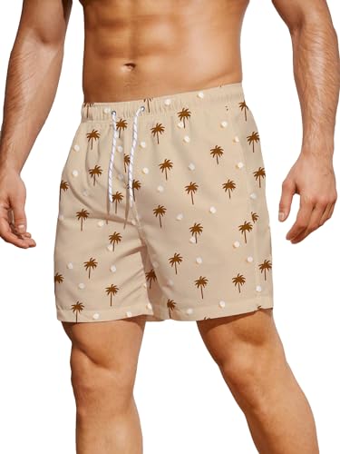 Verdusa Men's Coconut Tree Print Hawaiian Shorts Tropical Drawstring Swim Trunks with Pocket