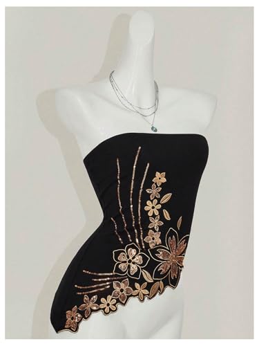Milumia Women's Floral Embroidered Sequin Tube Top Glitter Strapless Asymmetrical Hem Tops2