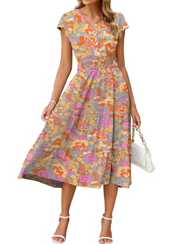 Image of BerryGo Women's Floral Boho Ruffle Summer Midi Dress Short Sleeve V Neck Empire Waist Swing Flowy Dress