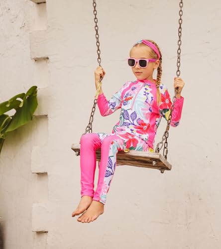 Image of Girls Long Sleeve Rashguard Half Zip Swimsuits UPF 50+ Two Piece Swim Sets with Hairband 5-12Y | Two Piece Swim Sets with Hairband