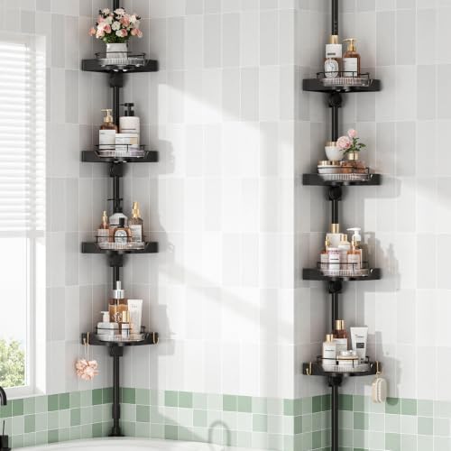 shuang qing 360 Rotating Corner Shower Caddy Tension Pole Organizer - 4-Tier Adjustable Rustproof Metal Pole Plastic Shelves with Safety Guardrail Bathroom Storage for Shower & Bathtub(Black)