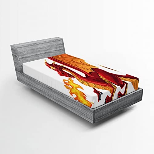 Ambesonne Dragon 2 Pack Fitted Sheet, Funny Mascot Cartoon, Bed Cover All-Round Elastic Deep Pockets 2 Pieces, Package Contains 2 Twin Size Fitted Sheets, Orange Red