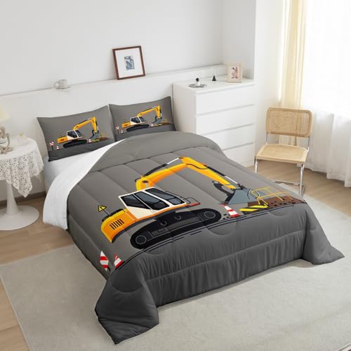 Image of Feelyou Excavator Comforter Set Boys Cute Vehicles Truck Car Print Bedding Set Kids Cartoon Machinery Cars Comforter for Children Teens Room Decor Construction Site Duvet Set Twin Size
