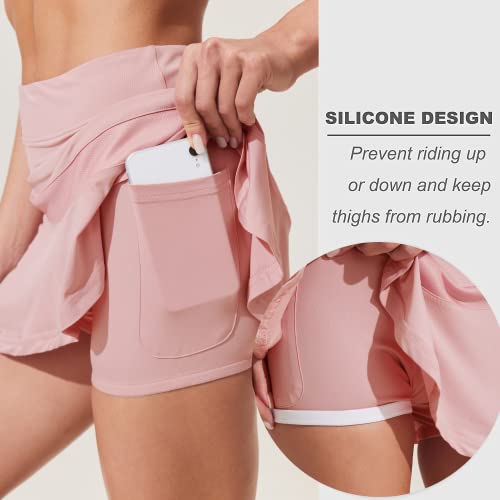 Ekouaer Women's Tennis Skirt Pleated Athletic Golf Pickleball Skort Skirts with Shorts Pockets Lightweight Running Workout Skorts Dusty Pink
