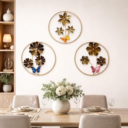 Image of Home And Crafts Iron Handcrafted Set Of 3 Round Leaf Metal Wall Art Multicolor Large Abstract Vertical Frame Decor Showpiece Perfect for Living Room Bedroom Kitchen Office (Size 19x19 Inch)
