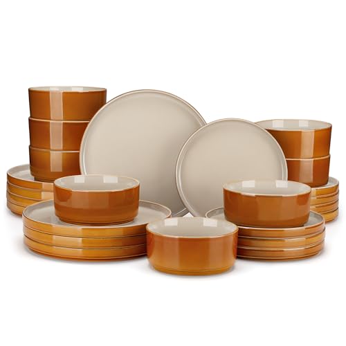 Image of vancasso ONION Ceramic Plates and Bowls Sets, 24 Pieces Grey Dinnerware Sets for Kitchen, Reactive Glaze Dishes Set for 8, Dishwasher and Microwave Safe