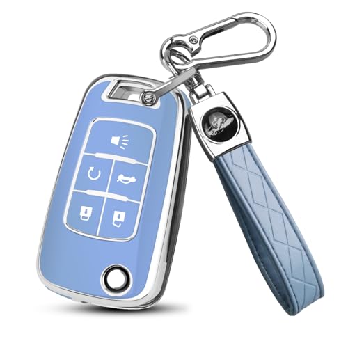 Image of QBUC for Chevy Key Fob Cover with Keychain Fit for Chevrolet Equinox Buick Camaro Cruze Malibu Impala Sonic Full Protection (Silver /Blue)