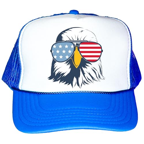 Patriotic Eagle with American Flag Sunglasses Hat Classic 5 Panel Mesh Snap Back Trucker Hat Blue Trucker Hat