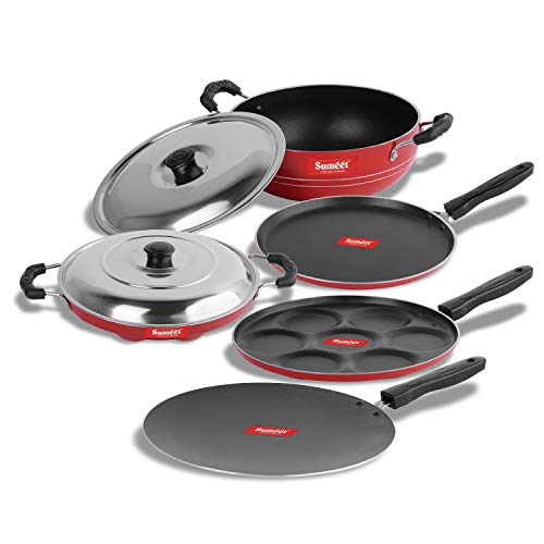 Image of Sumeet Non-Stick Aluminum Cookware Set (Dosa Tawa - 26.5 cm; Multi Snack Maker - 26.5 cm; D Kadhai with Lid 1.5 L; Grill Appam Patra with Lid - 23 cm; Concave Tawa -28 cm, 2.6 mm Thick, Ruby Red)