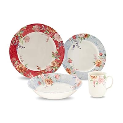 Tudor Royal Collection 16-Piece Premium Quality Porcelain Dinnerware Set, Service for 4 - CRIMSON,See 10 Designs Inside!