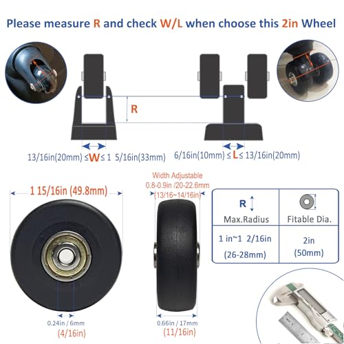 4 Pcs Luggage Wheels Replacement Set, Diameter 50mm Suitcase PU Wheels, ABEC-7 Bearings, Smooth Roller, 3 Axle Sizes, Repair Tools Set for Inline Spinner Suitcase Trolley Travel Bag Carry-on