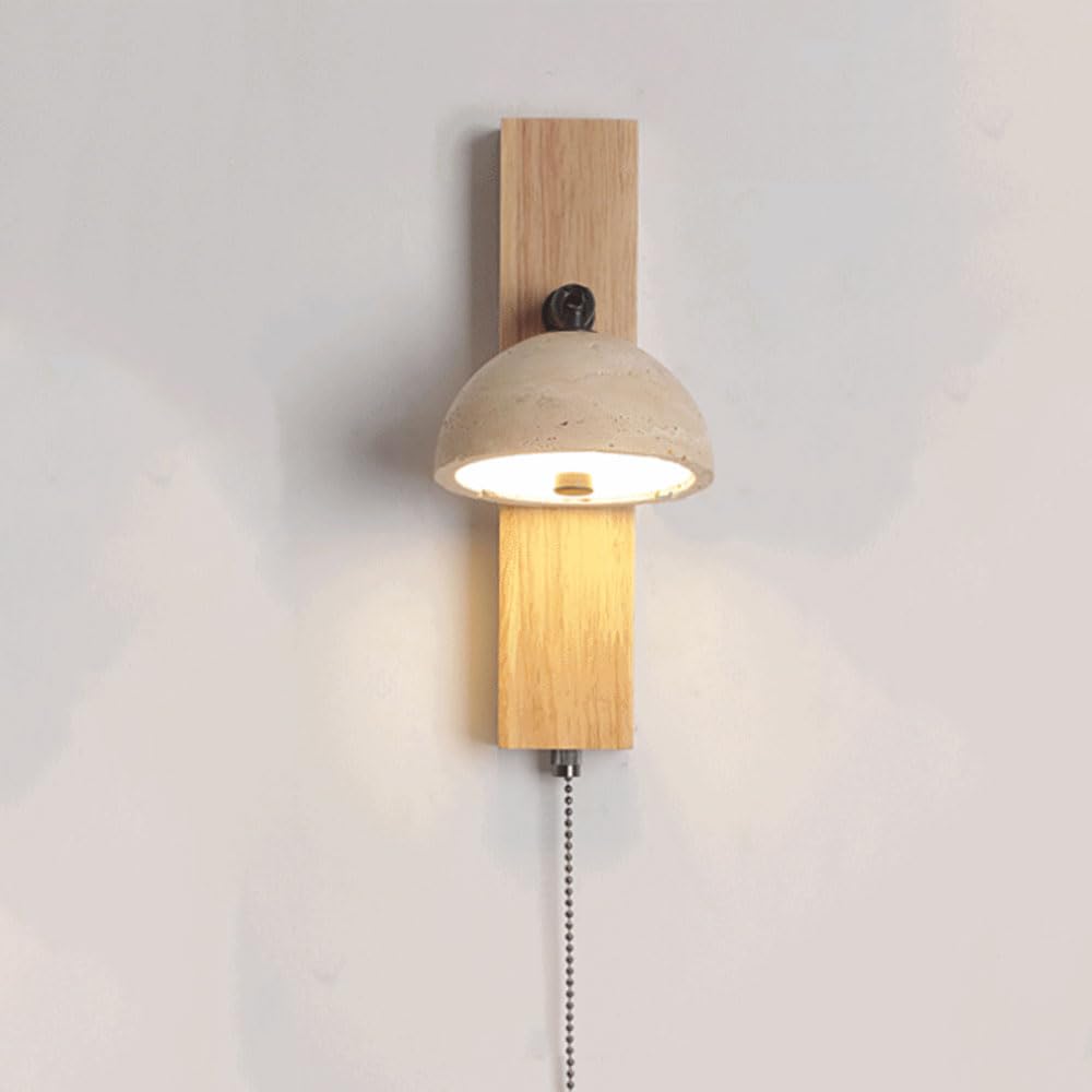 SXSCARKX Nordic Wood Wall Sconce Vintage Pull Switch Bedside Yellow Travertine Light Beige Stone Lamp For Bedroom Lighting Fixtures Decor Indoor Farmhouse Vanity