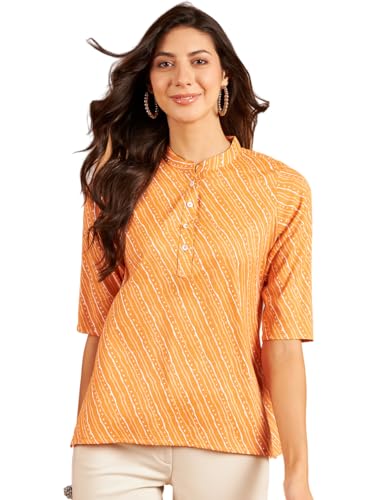 Modeve Rust Striped Mandarin Collar Cotton Shirt Style Top_X-Large