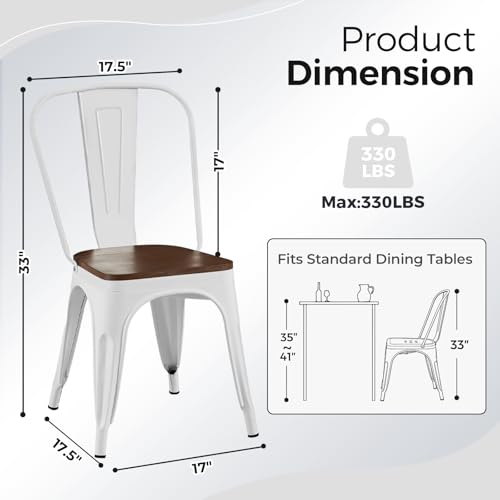 Image of Metal Dining Chairs with Backrest, Wood Seat, White, 8 Pack | Easy Assembly, Non-Slip Feet, 330 lb Capacity, Kitchen, Restaurant, Cafe, Pub, Covered Patio