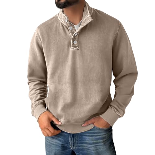 Men's Washed Long Sleeve Sweatshirt Distressed Long Sleeve Quarter-Button Lapel Pullover Comfort Fit Top3